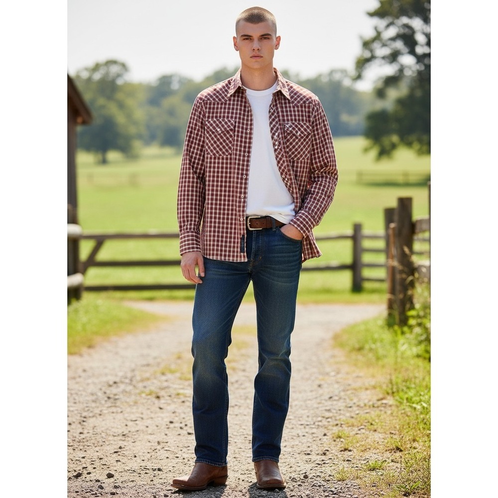 Wrangler Western Shirt 15.5x34 Red Plaid Pearl Snap Long Sleeve Yoke Mens